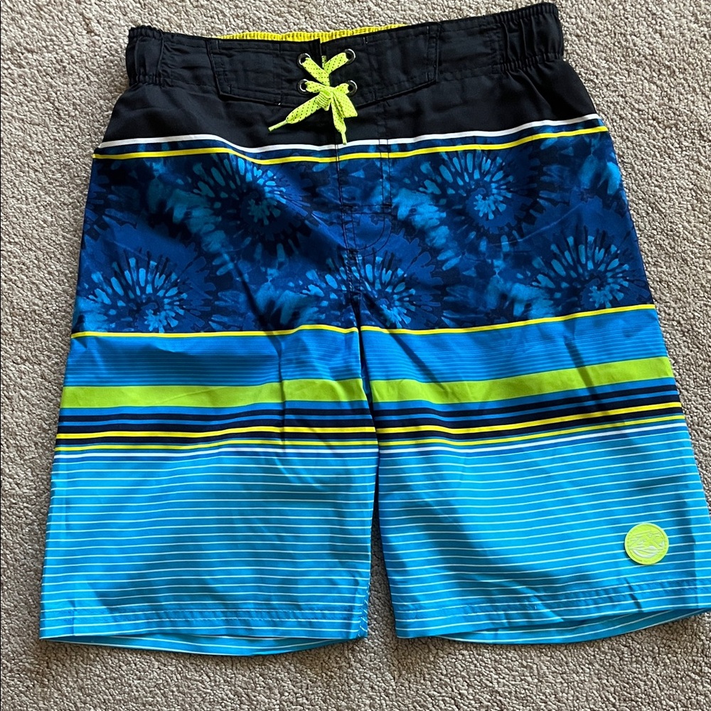 ZeroXposur Blue Tie-Dye & Stripe Swim Shorts with Lime Accents